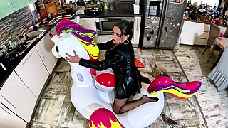 Dominant Biker Leather MILF Inflatable Office Fantasy. Beach Balls, Oral, Doggy and Cum Play