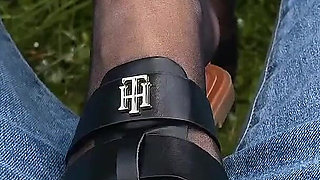 Greek Mountain Wild Footjob with Sweaty Nylon Feet - Outdoor Cum on Soles