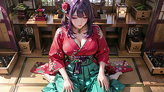 Purple Hair Kimono Girl's Private Morning! Red & Green clash is insane.