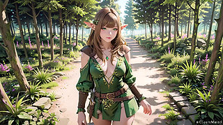 Green Elf in the Forest Secret! Kneeling gaze under dappled sunlight, a dreamy tease with fingertips touching her lips.