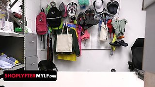 Lewd lpo tells the desperate cougar shoplifter he might view away if she plays with his cock