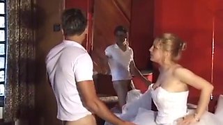 Blonde bride with a beautiful and hot ass moaning and cumming, giving her pussy and very tasty spit in the gangbang: Porn
