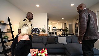 Three big cocks pound hot blonde slut