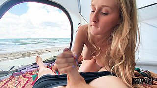 Tenting His Pants Leads To Pantsing In Camping Beach Tent - Molly Pills POV Blowjob Outdoors - Public POV Reality Sex