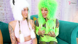 Lesbian Orgy. Dildos and Costums. Real Orgasms From Tattoo Girls