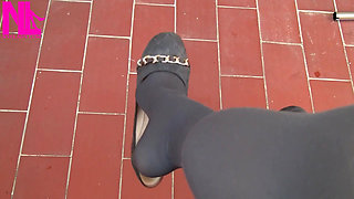 Dangling in Grey Pantyhose and Ballet Flats with Chains