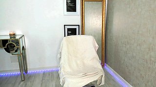 Busty curly brunette with big boobs fucks on couch