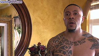 Submissive Ebony babe 3way fucked in hairy cunt by BBC guys