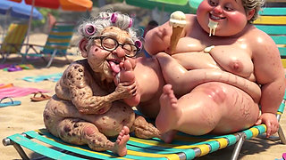 Elderly Granny Passionately Sucking BBW Feet on the Beach