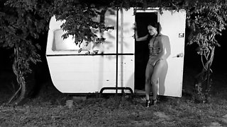 Natural babe brunette with sexy black lingerie masturbates