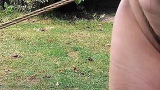Half-stripped, Bell-jingling Slave Mila Drooling Through Tongue Clamp Is Made to Walk Outdoor Fountain Laps with Crotch Rope Saw