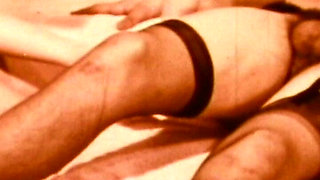 Stockinged Blonde Worships Mustached Stud in Red-tinted Vintage Trio