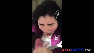 College girl sucks cock and gets a huge load on her face