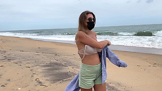 Blonde with Big Tits Walking Topless Outdoor