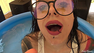 Nerdy Girl Gives a Blowjob in the Pool