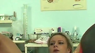 Hot sexy blonde in college uniform with natural tits and shaved pussy loves getting fucked by horny doctors