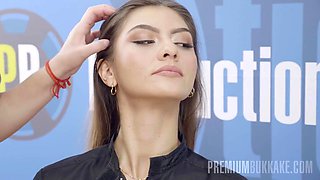 Sensual long hair enjoys office bukkake with passionate cumshot