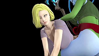 Sexy muscle girl dressed as Android 18 from Dragon Ball Z