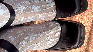 White stockings and high heels on my feet