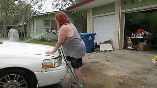 Hot Mature BBW Redhead Nurse Vicki Washes Her Car!