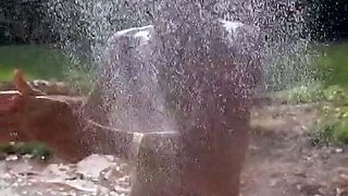 Busty curly brunette with big boobs fucks on couch