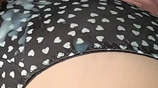 Giant Cumshot on Sexy Black and White Hearts Panties