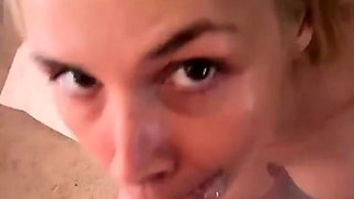 Kinky blonde with shaved copher gives blowjob in POV