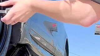 67 Tall Amazon Goddess Changes Her Tire - Big Feet in Frame