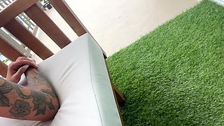 Skinny stepsister is getting her tight pussy fucked by a horny stepbro on the balcony