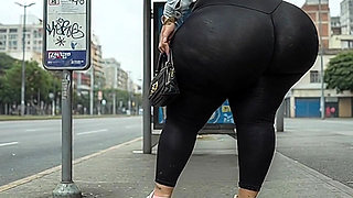"Masked BBW Changes from Black Leggings to Tiny Thong at Public Bus Stop"