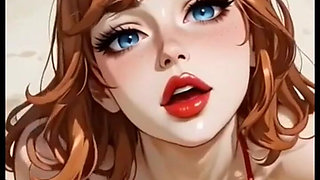 Cute Redhead Bikini Moaning on Beach, Ai Animation