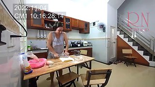 Ravioli time! Naked maid works in the hotel kitchen. Depraved maid works in the kitchen without panties