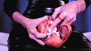 Leather mistress Eva Latex hot food fetish kink BDSM boots MilF mature solo kink dominatrix bathroom