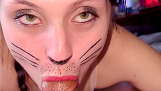 Freaky Kitty Cat Slut Deepthroating Fans Thick Cock After Halloween Party