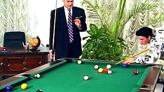Brunette in Red Dress Fucked on Desk and Pool Table