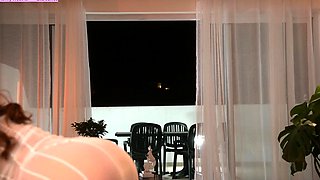 Busty curly brunette with big boobs fucks on couch