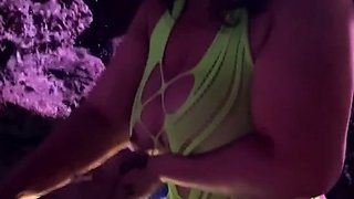 Attractive brunette teenager with big boobs fingering pussy
