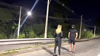 Watch this wild public sex session near a highway: hot girl gives her boyfriend a long blowjob and gets railed