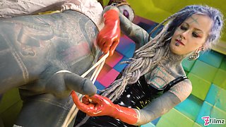 Two latex dominatrix sissy femdom anal fisting