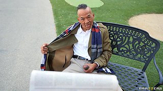 Nasty Old Bench Flasher Meets Thirsty Jogging Nymph With Ebony Mystique, Chong Dong - Brazzers