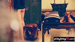 Chinese porcelain doll shows her pussy