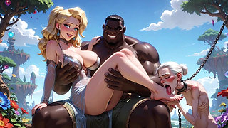 Old Granny Humiliated Licking Young Woman Feet - Sitting on Muscular Black Bull Lap