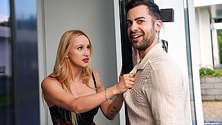 Blonde on glossy high heels Juicy Jane impaled in the sideways pose