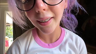 Brace-faced nerdy stepsister shows big tits and plays with my dick in POV