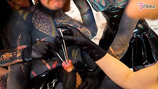 Trio aggressive latex princesses destroy tattooed sub with deep sounding & urethral masturbating