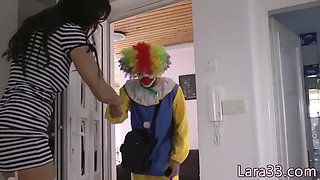 Cum guzzling british MILF fools with clown