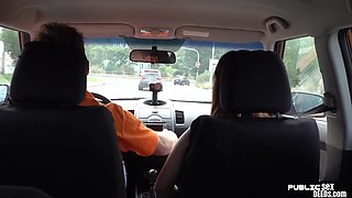 Deepthroating babe fucked outdoor in car by driving tutor