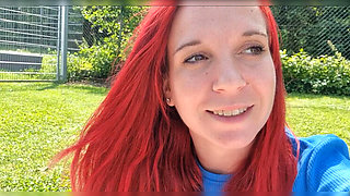 German redhead Malou-Nu gives best outdoor blowjob at pool for a hot deal