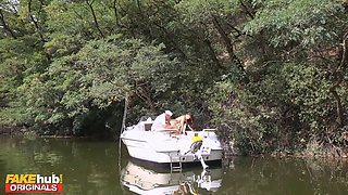 Asian japanese beauty with perfect jugs spills on a boat