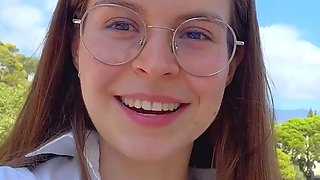 Sexy German dark-haired babe with meaty funbags drains her